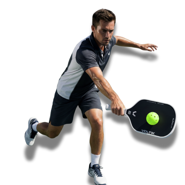 Man playing pickleball with a Alpha V1 paddle and Roto X1 ball on a white background