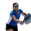Woman playing Nex V1 paddle in a blue and white outfit with a visor.