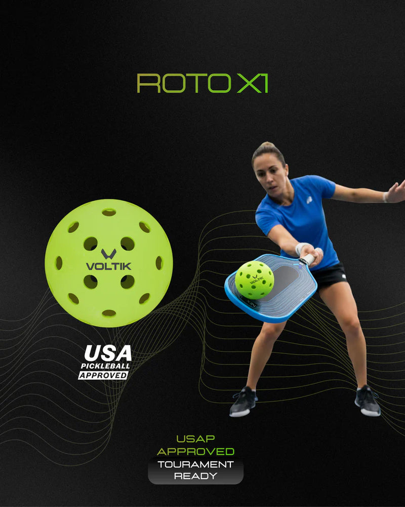 Person playing pickleball with a green ball and Roto-Xi pickleball ball - on a black background