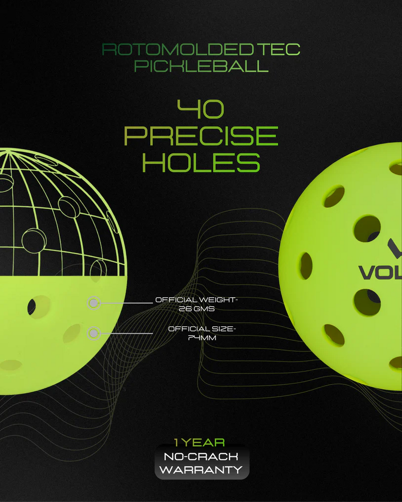 Voltik Roto X1 Pickleball ball with technical specifications on a black background